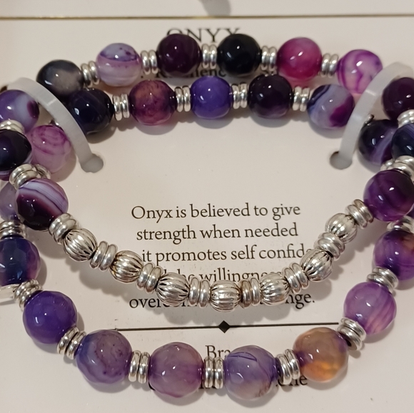 2 PC SHIVAM STERLING SILVER SPACER BEADS & PURPLE ONYX GEMSTONES BEADS STRETCH B - Picture 2 of 8